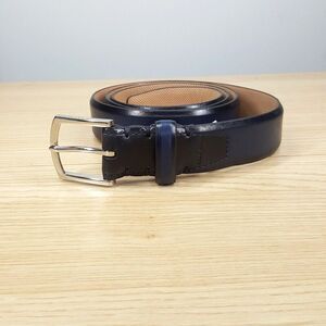 COLE HAAN Belt Mens Size 42 Black Blue Leather Colorblock Silver Logo Buckle